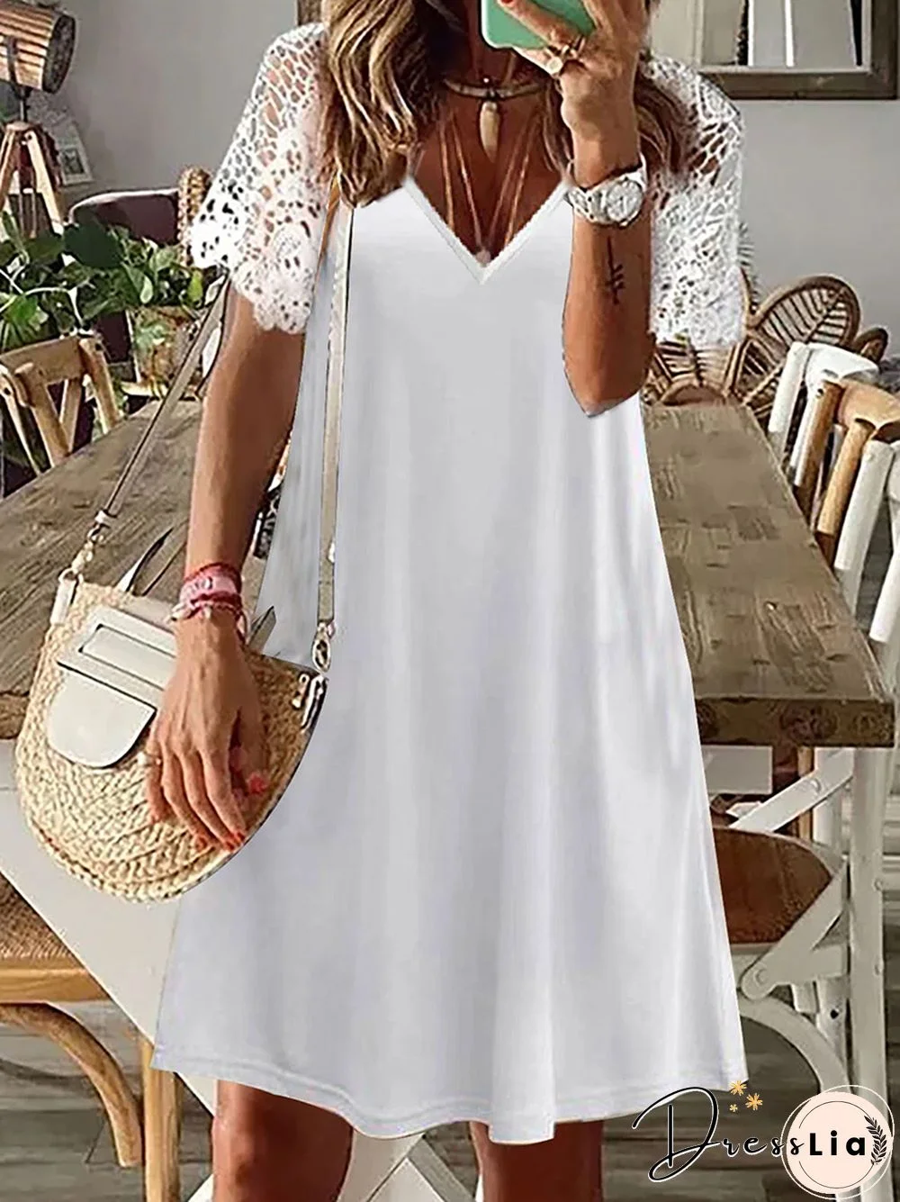Casual Loose Print Women Summer Dress Sexy V Neck Hollow Out Party Boho Dresses New Lace Short Sleeve Stitching Beach Mini Dress