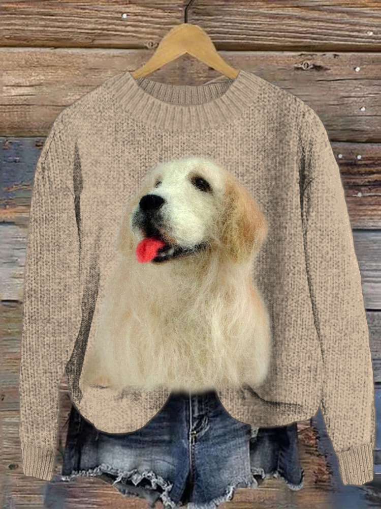 Golden Retriever Felt Art Crew Neck Sweater