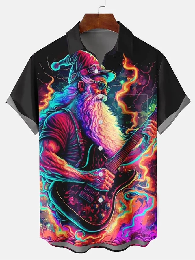 Men's Christmas Fashion Casual Santa Claus Playing Guitar Print Shirt
