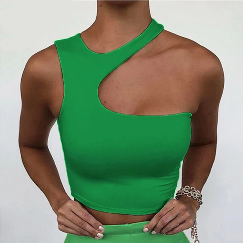 Ueong Ueong Summer Hot Style Women's New Sexy Shoulder Irregular Short Sports Vest Bottom Top