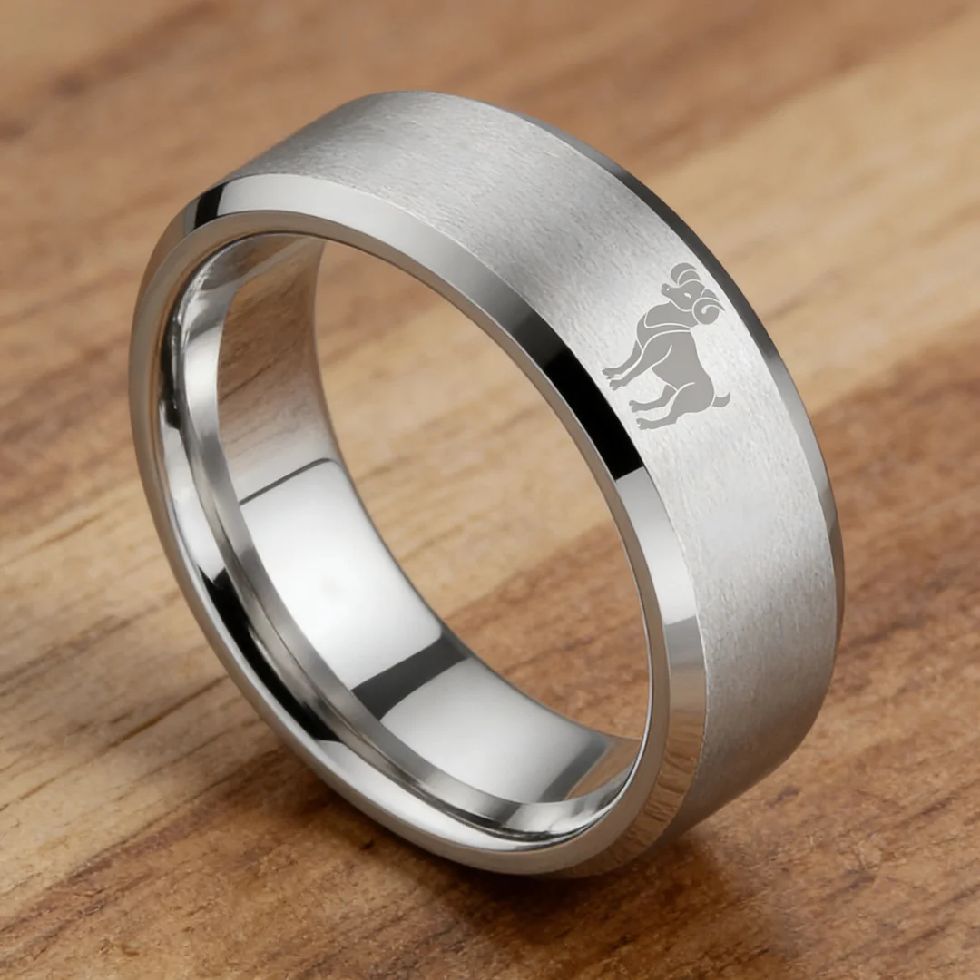 Sliver Aries Couple Wedding Bands Beveled Edges Laser Etched Tungsten Carbide Ring 4MM 6MM 8MM Width