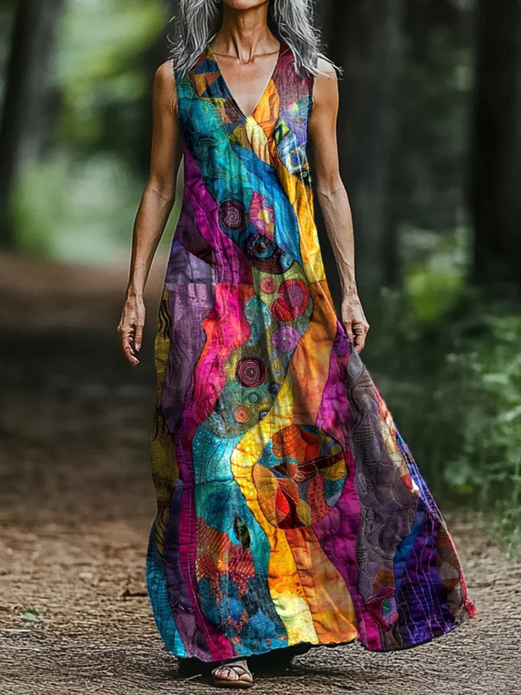 Comstylish Women's Abstract Rainbow Art Print V-neck Tank Midi Dress