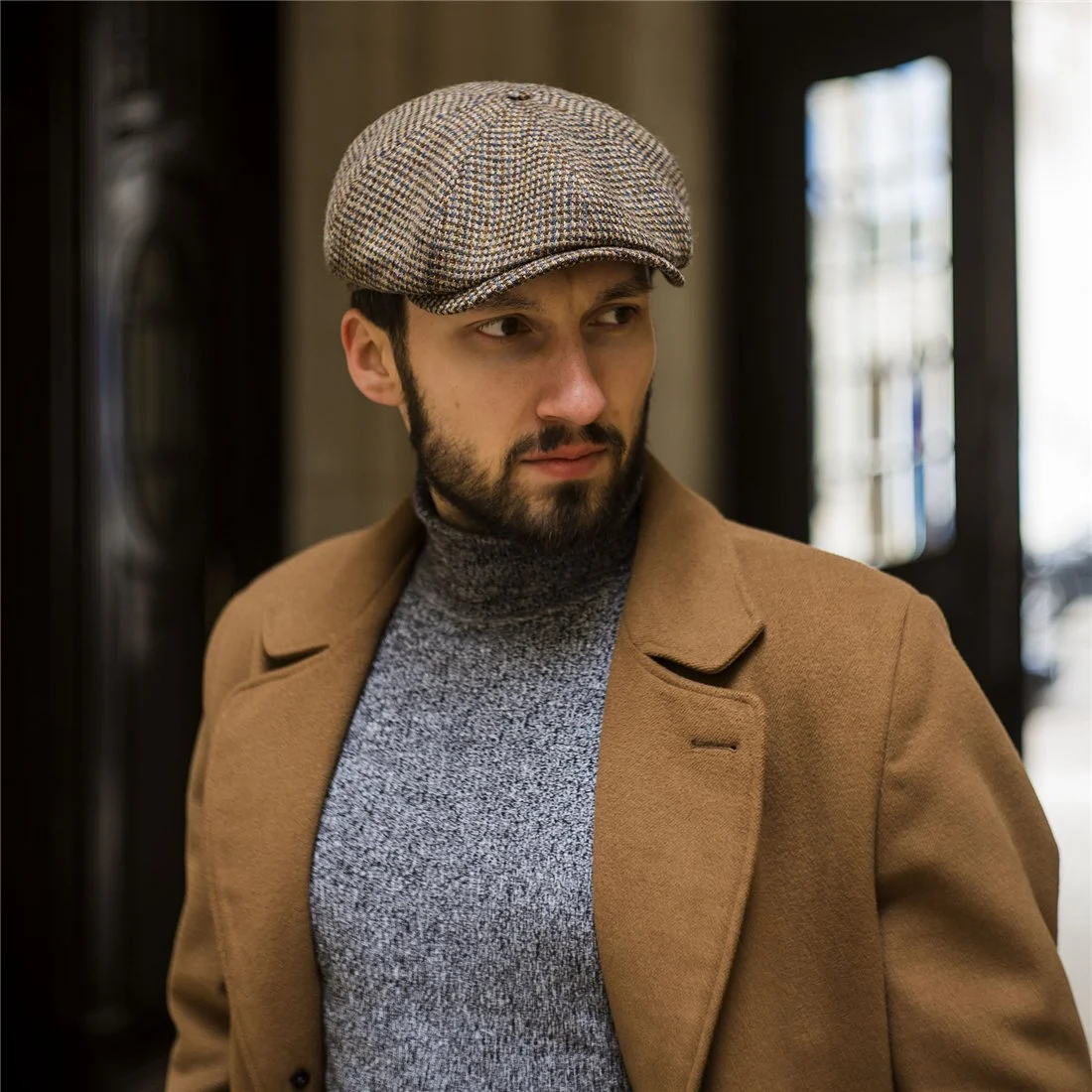 【NEW!】PEAKED CAPS Genuine Scottish Harris Tweed 8 Panels Man Cap Wool -Shelby-Blue-brown houndstooth