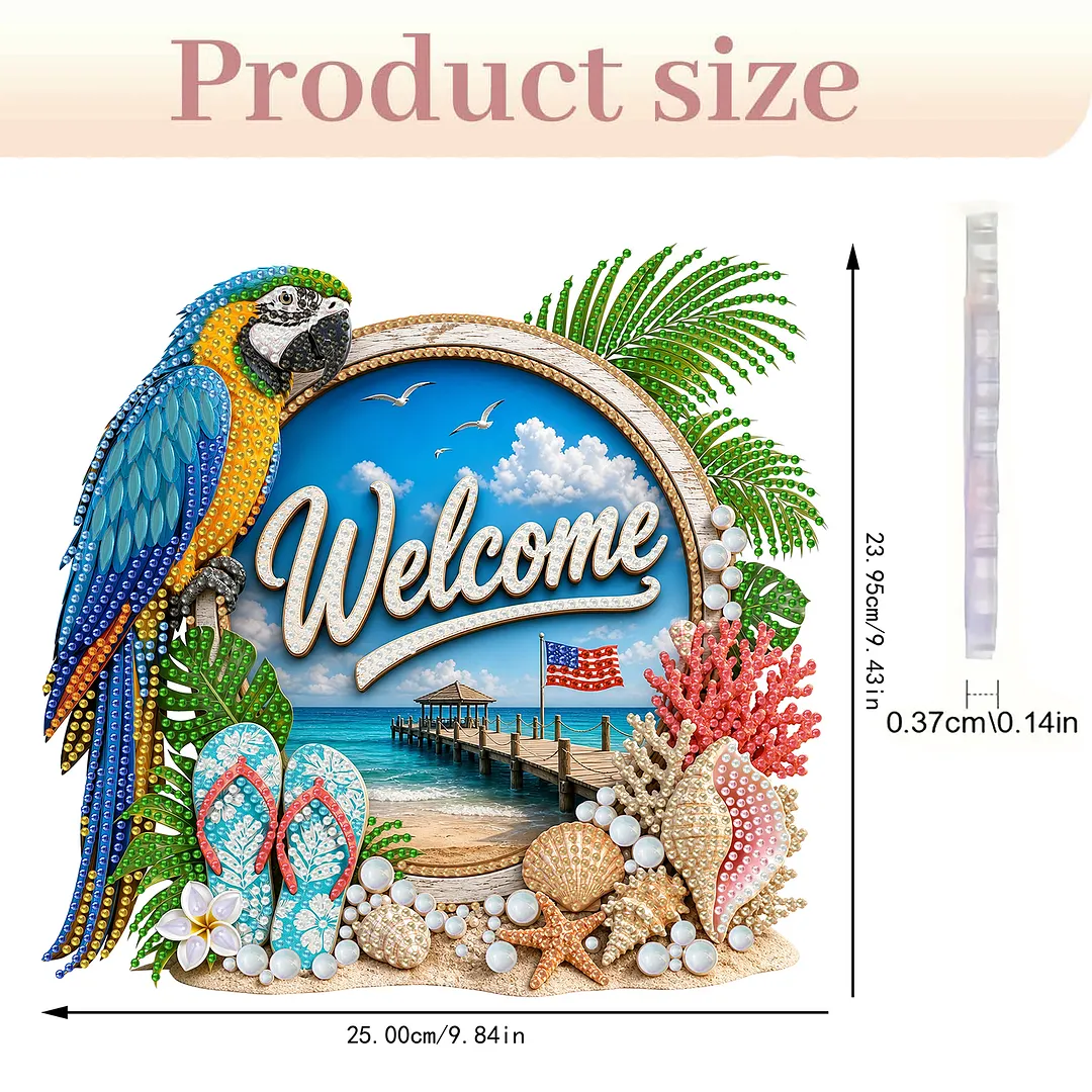 Parrot Beach Welcome Sign 2D Flat DIY PET Diamond Painting Pendant Special Shape Hanging Gem Art Paintings Charm Single Side Drill for Adults Home Wall Window Decor