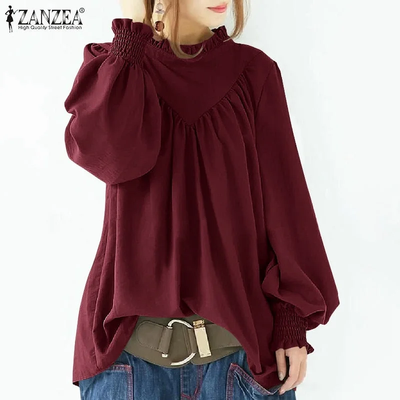 ZANZEA 2021 Women Fashion Casual Office Shirt Solid Chemise Femme Clothing Plain Ruffles Work Blusa Autumn Puff Sleeve Blouse