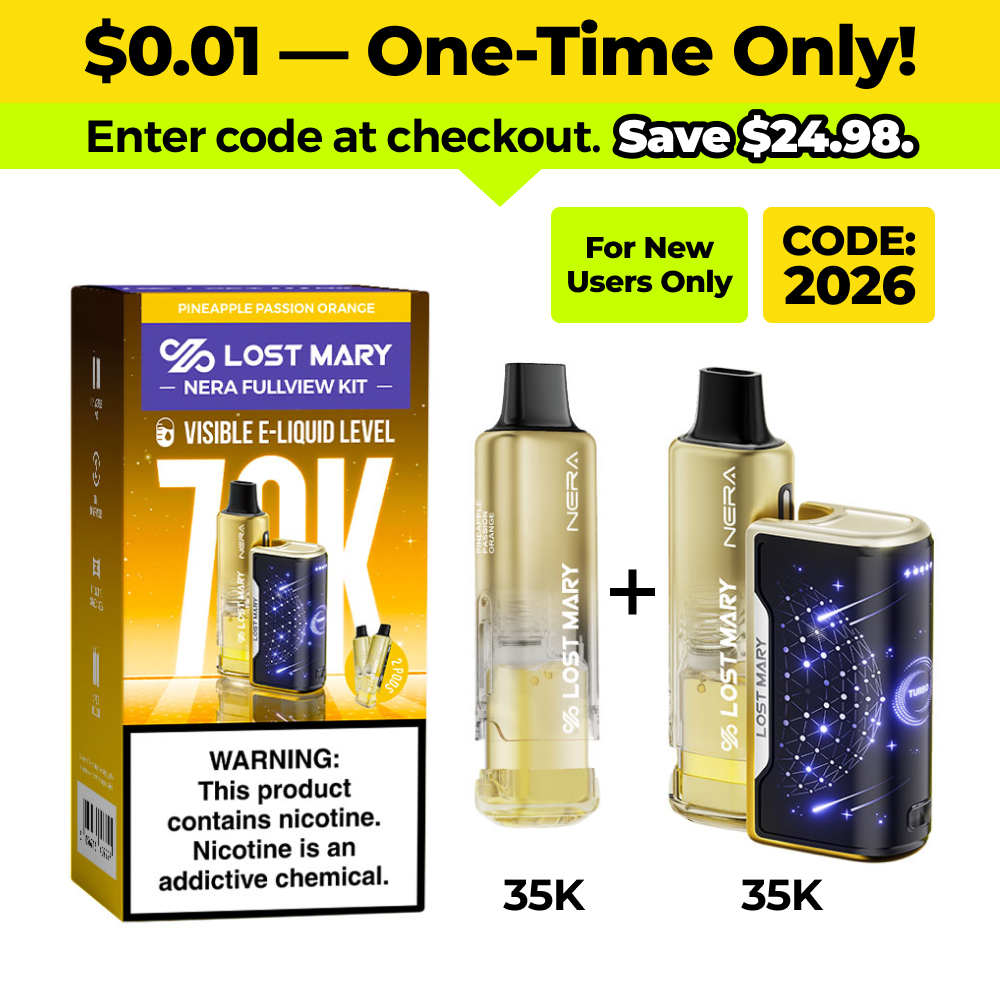 Lost Mary Nera Fullview 70K vape kit, 35K devices, Pineapple Passion Orange, code 2026 for new users.