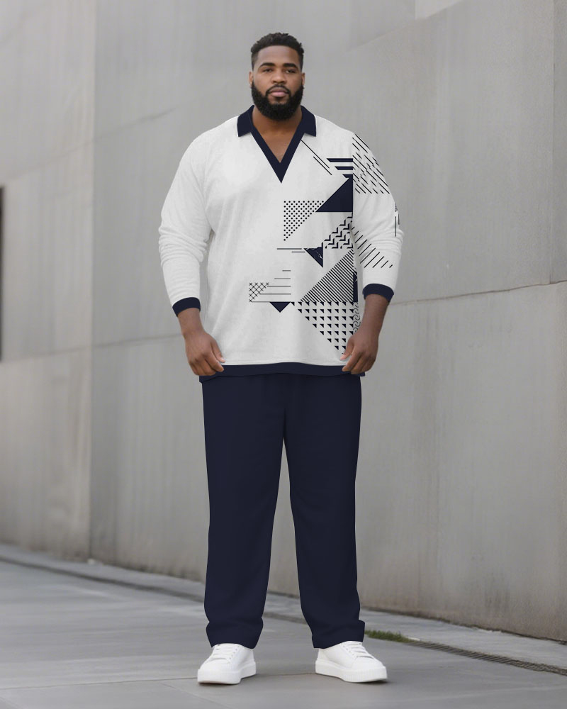 Big & Tall Men's Black And White Geometric Print POLO V-Neck Long Sleeve Pants Two-Piece Set