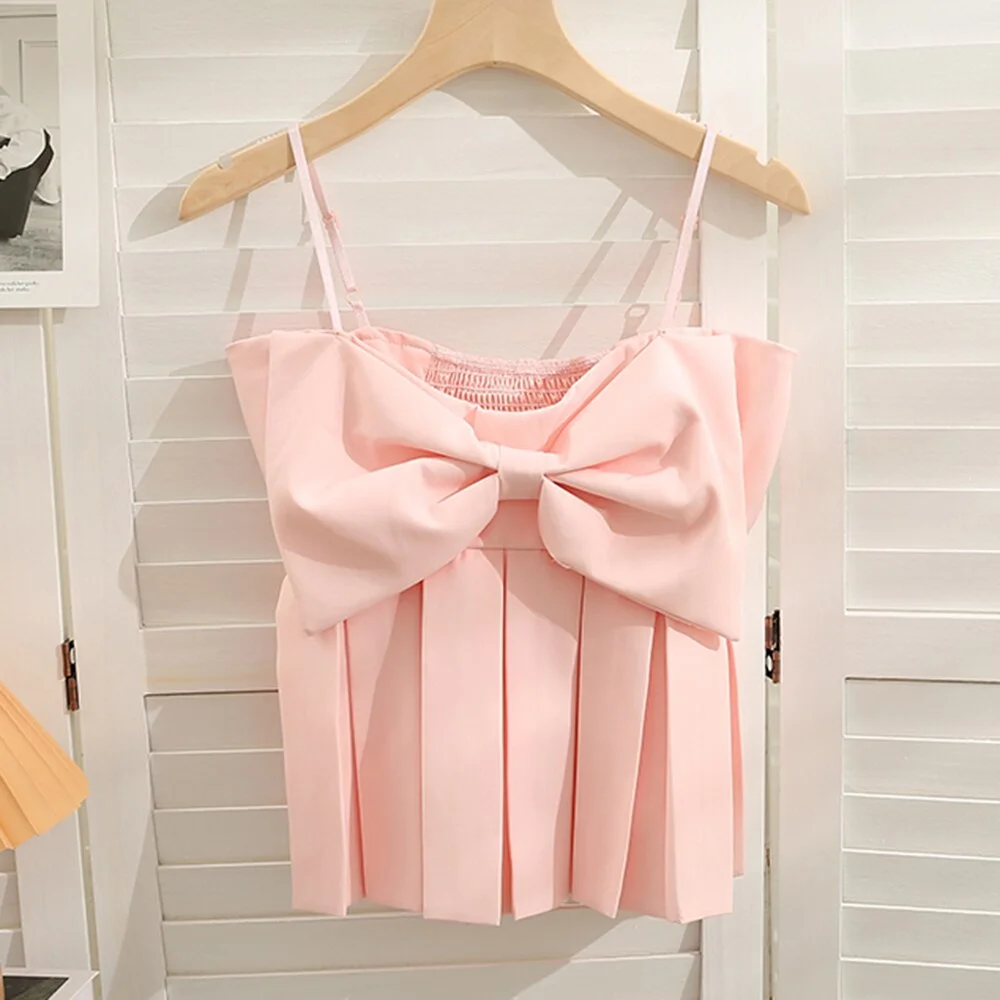 Ueong Sweet Camis For Women Square Collar Sleeveless Patchwork Bowknot Female Korean Fashion Clothing Summer New 2022