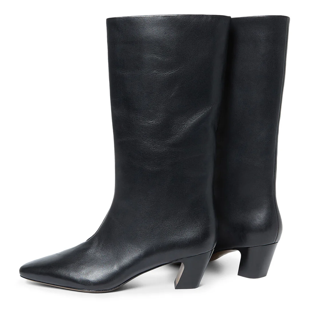 Classic Black Vegan Leather Pull-On Mid-Calf Boots with Chunky Heel