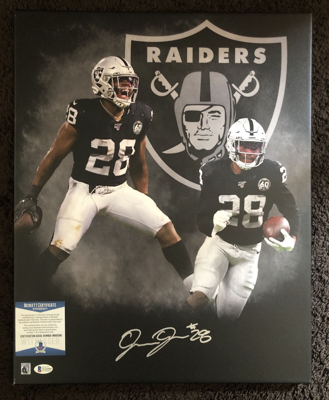 Josh Jacobs Signed Autographed Signed 16x20 Canvas Las Vegas Raiders BECKETT 2