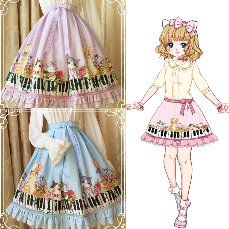 S-XL Purple/Pink/Blue Lolita Kitties on Piano Printed Skirt SP165446