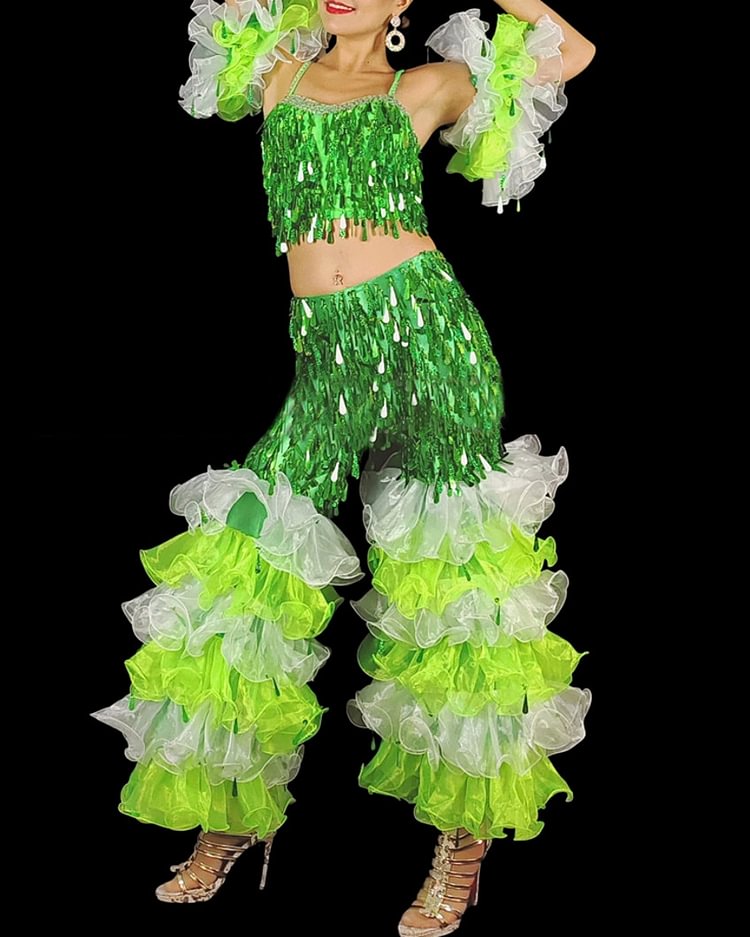 Green Sequin Ruffle Flared Pants and Top Set