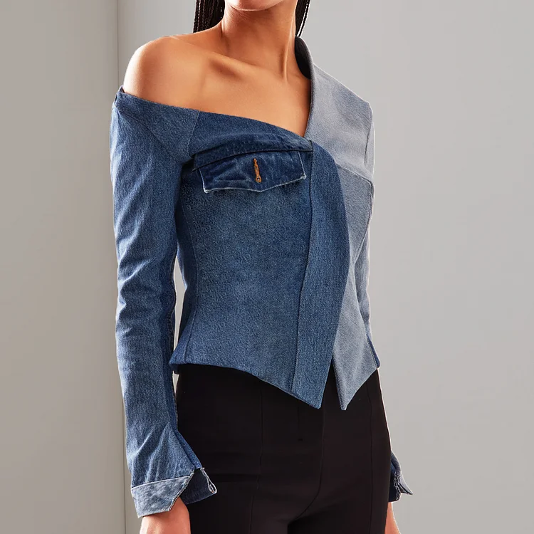 Ursime Denim Patchwork One Shoulder Long Sleeve Blouse
