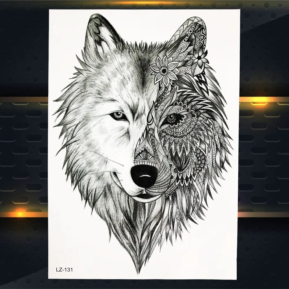 Sdrawing Military Wolf Temporary Tattoos Sleeve For Men Adult Fake 3D Lion Skull Tatoos Sticker Full Arm Warriors Tattoos For Show