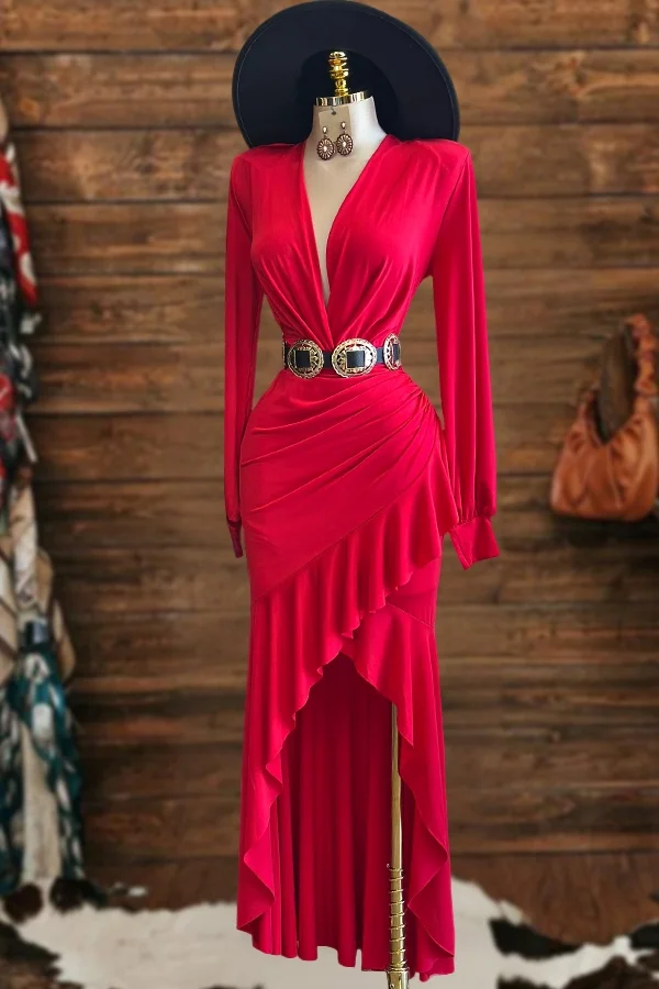 Deep V-Neck Asymmetric Ruffle Maxi Dress