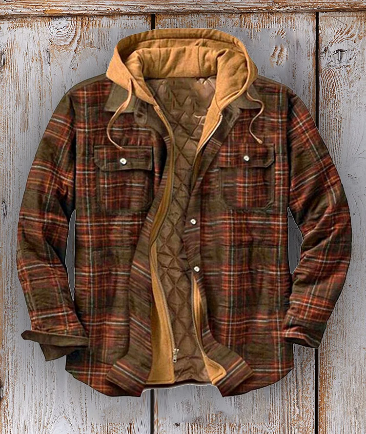 Men's thick cotton-padded jacket for autumn and winter, plaid long-sleeved loose-fitting hooded jacket