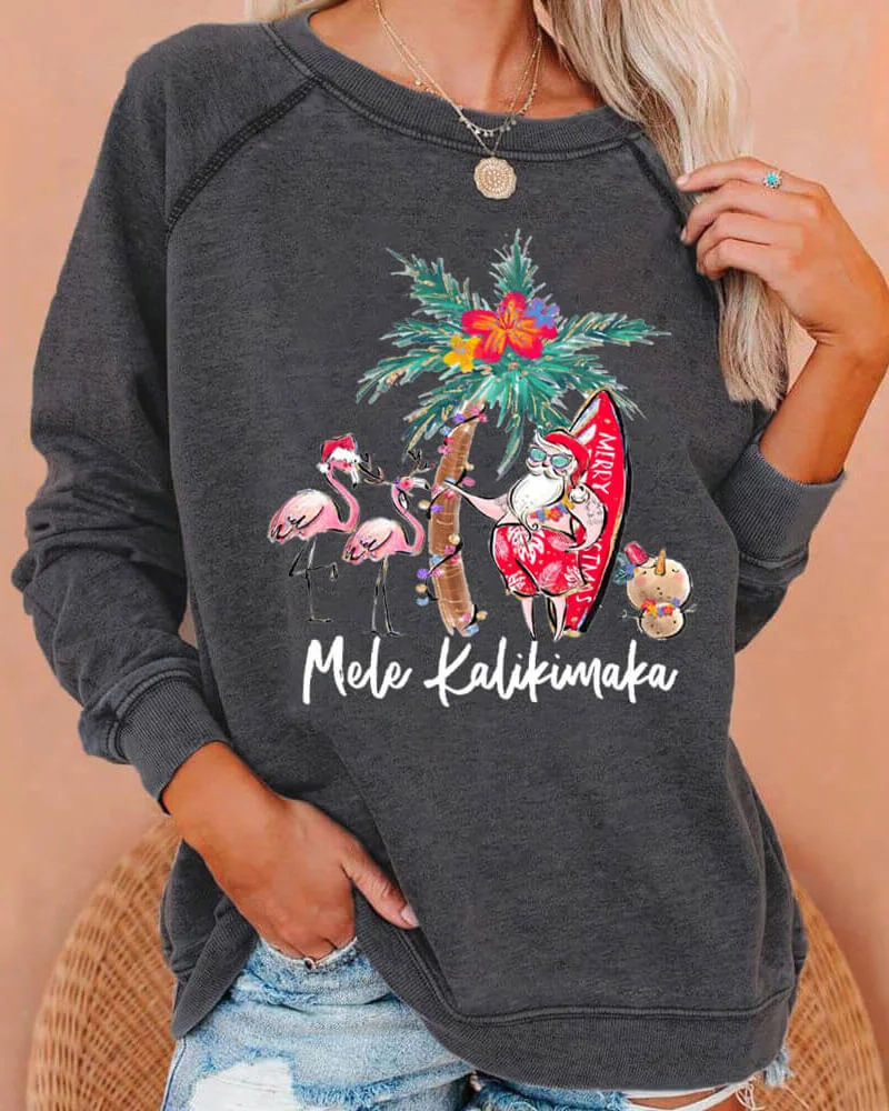 Mele Kalikimaka Hawaii Santa Flamingo Deep Gray Sweatshirt