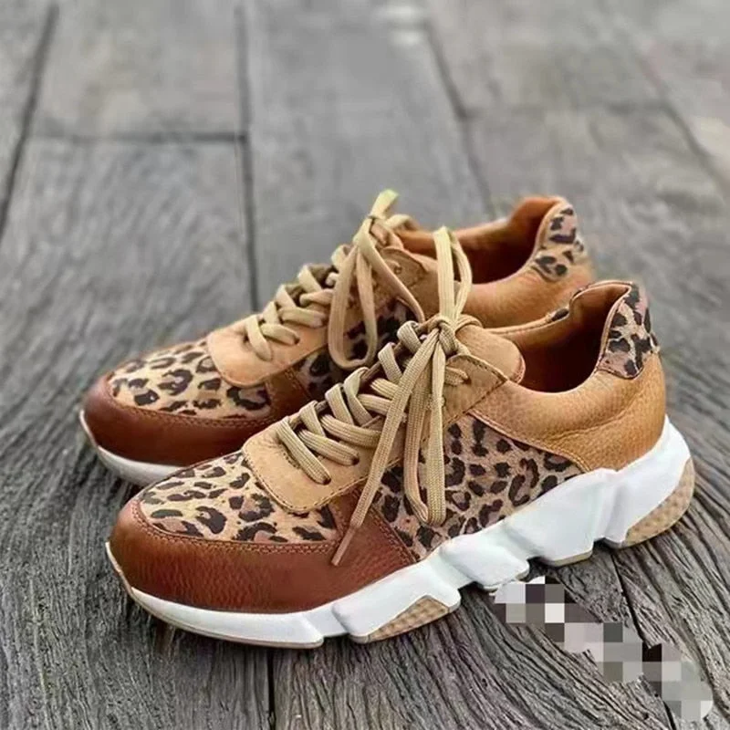 Plus size 36-44 New Thick-soled Round Toe Low-top Leopard Print Women's Singles Cross-large Stitching Lace-up Sneakers