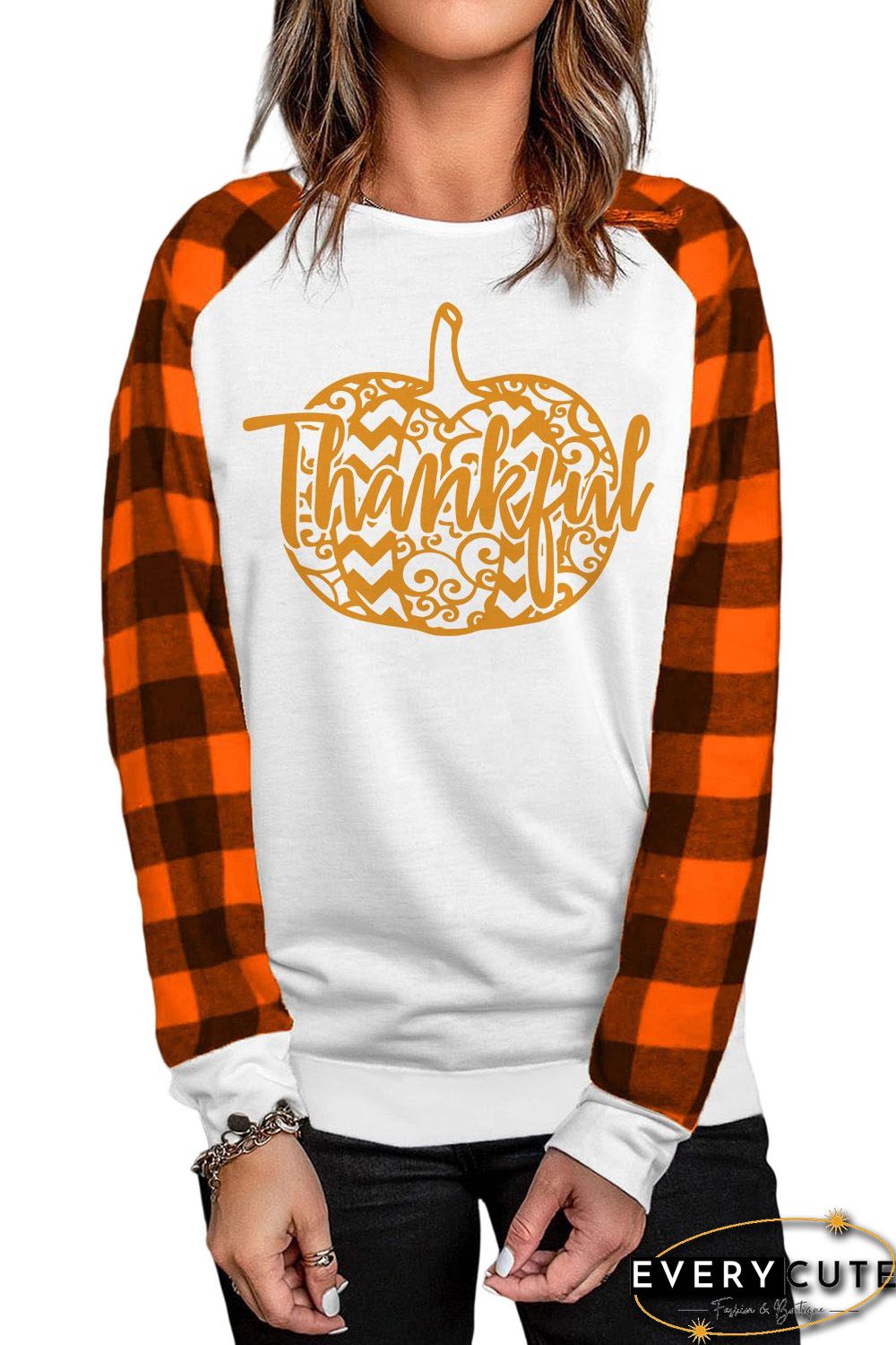 Orange Thankful Pumpkin Graphic Plaid Long Sleeve Top