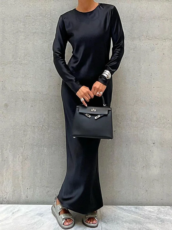 Casual Loose Long Sleeves Solid Color Round-Neck Maxi Dresses