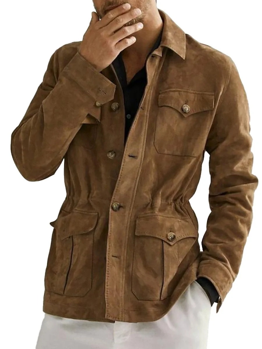 【24-hour shipping out】Men's Vintage Multi-Pocket Lapel Suede Safari Jacket