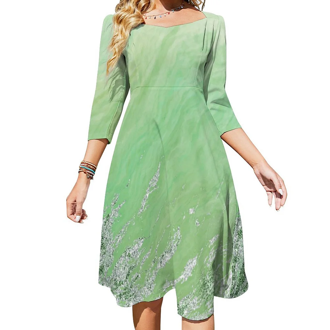 Cool Mint Green Watercolor Swirl And Glitter Yoga Dress Sweetheart Tie Back Flared 3/4 Sleeve Midi Dresses