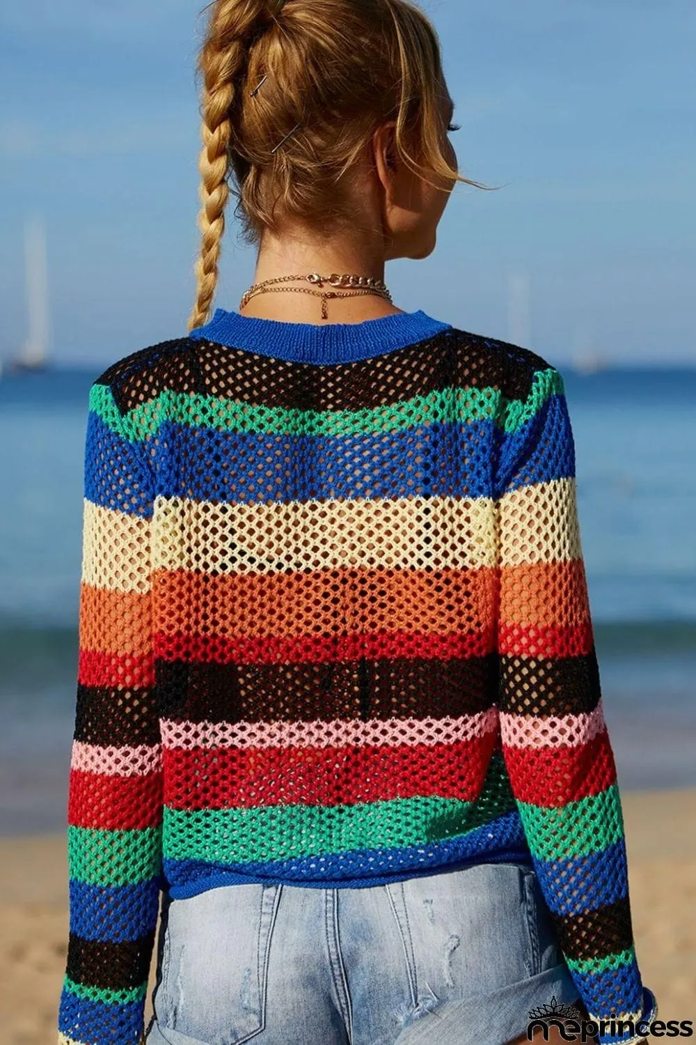 Rainbow Stripe Openwork Long Sleeve Cover-Up