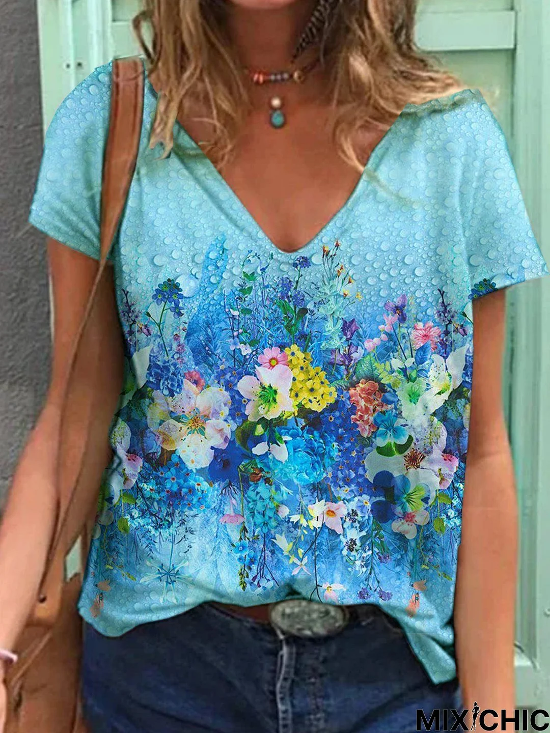 Floral  Short Sleeve  Printed  Cotton-blend  V neck  Casual  Summer Blue Top