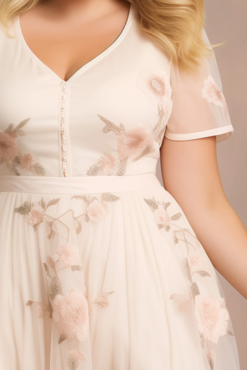 Flycurvy Plus Size Wedding Guest Beige Organza Button Floral Print Midi Dress