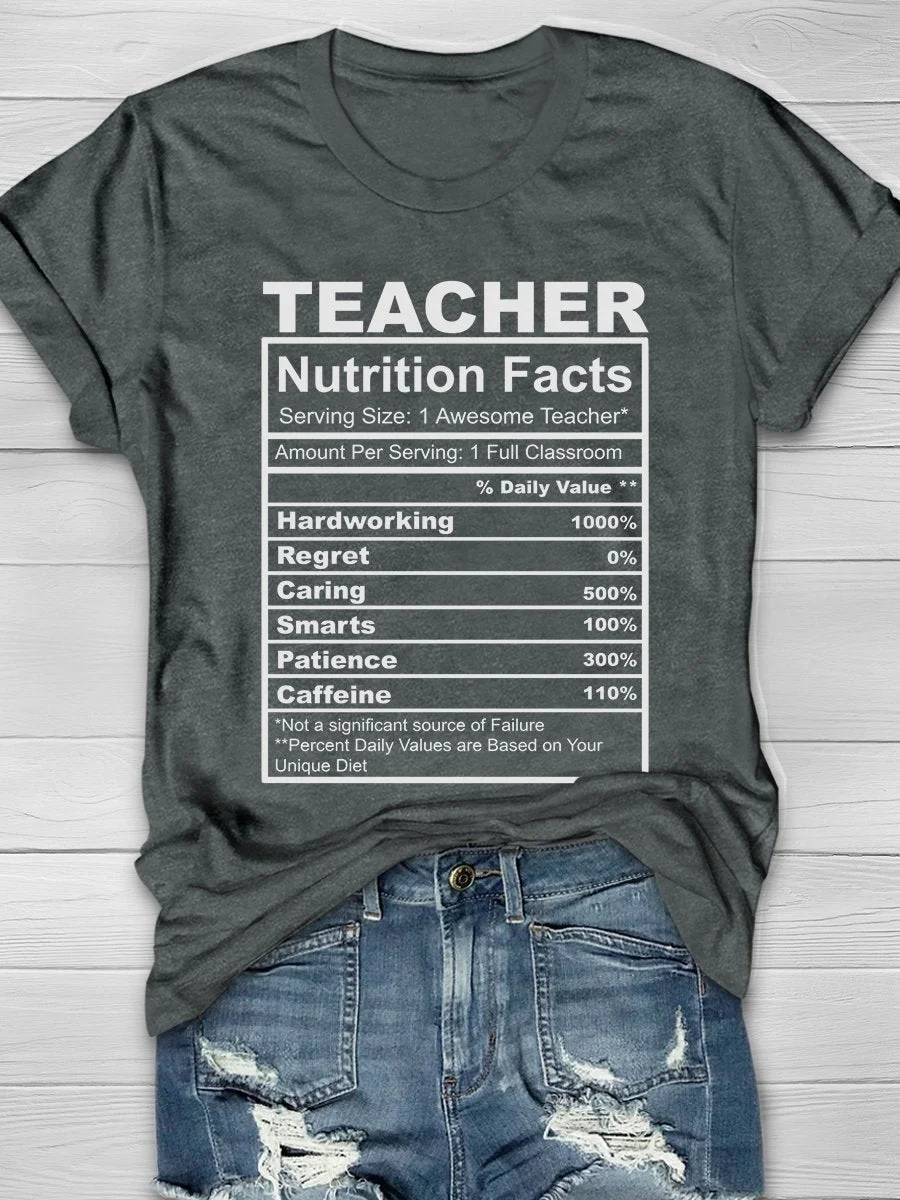 Funny Teacher Nutrition Facts Print Short Sleeve T-shirt