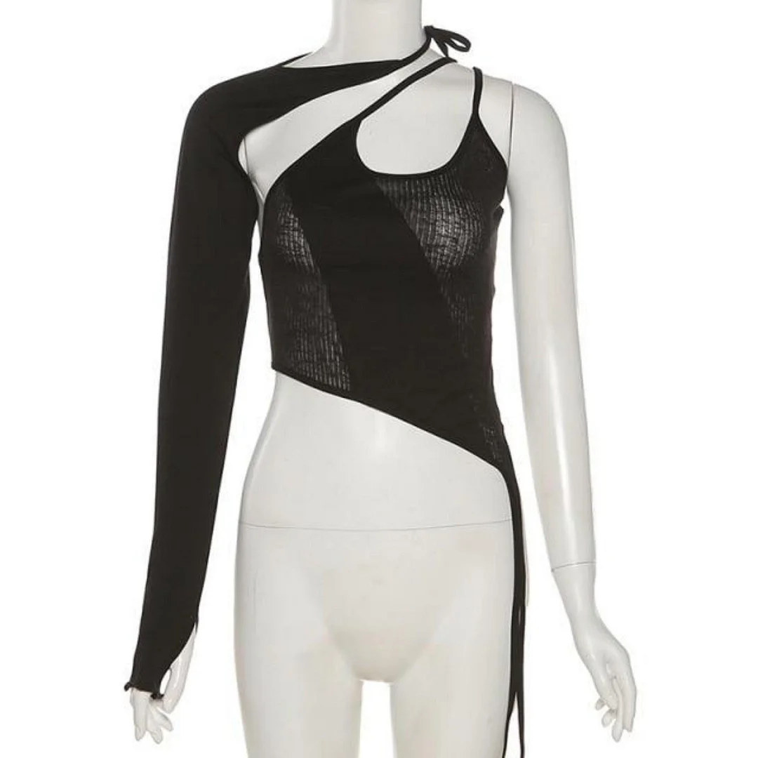 Asymmetrical Crop Top with One Shoulder Two-Piece Set in Black