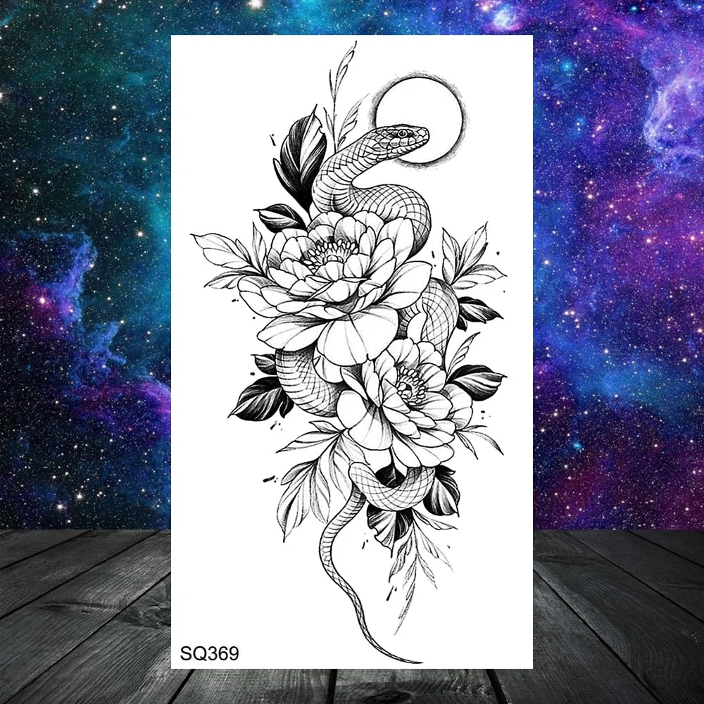 Realistic Rose Flower Snake Temporary Tattoos For Women Adult Skull Peony Lips Sword Tree Fake Tattoo Neck Arm Hands Small Tatoo