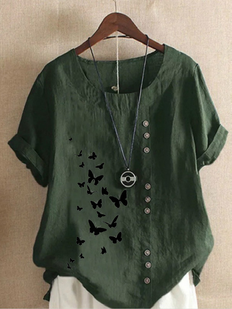 Women's Summer Fashion Casual Linen Round Neck Printed Loose Blouses S-5XL