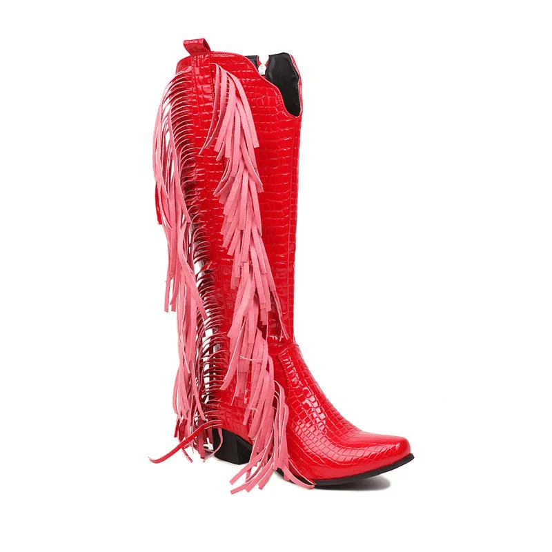 Women's Knee High Fringe Cowboy Boots Pointed Toe Block Heels Western Boots