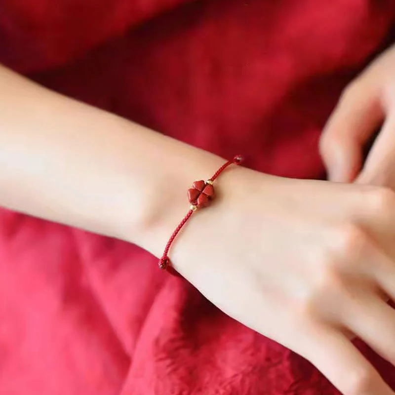 Cinnabar Red String Four Leaf Clover Blessing Bracelet