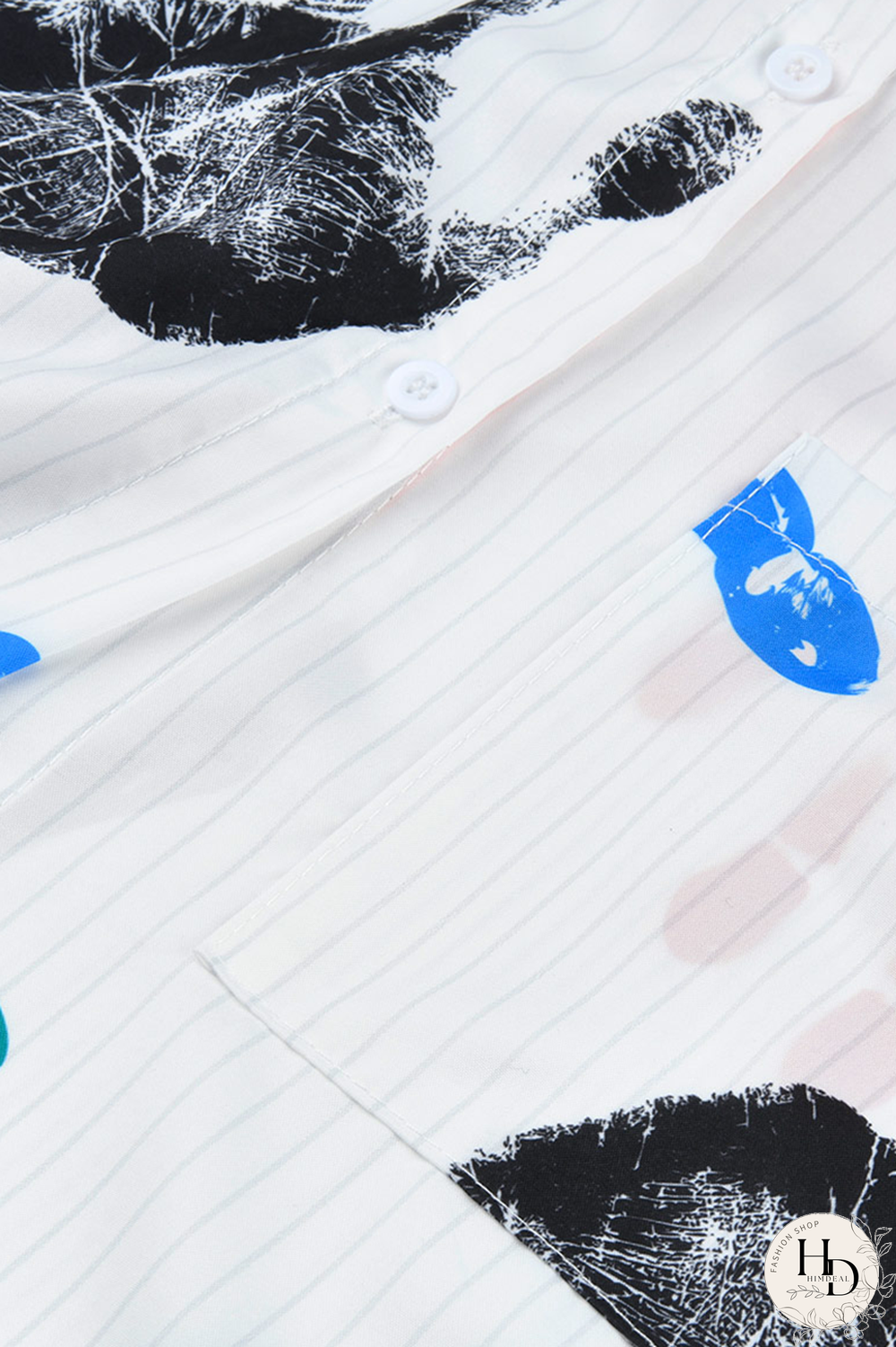 White Casual Print Patchwork Turndown Collar Tops