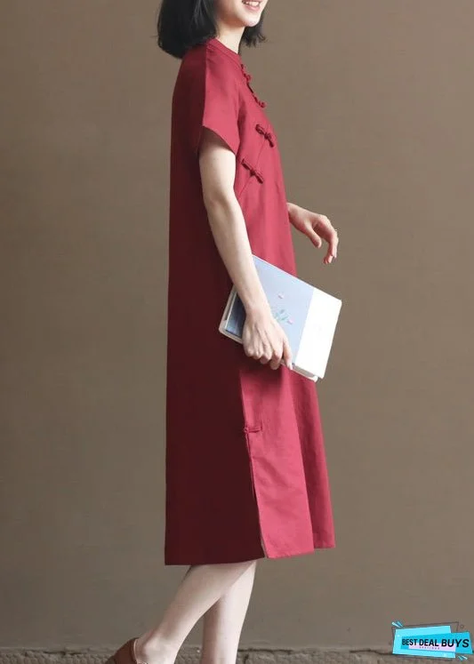 Women Mulberry Solid Mandarin Collar Oriental Button Side Open Cotton Linen Dresses Short Sleeve