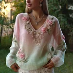 Vintage Boho Roses Embroidered Gradient Comfy Linen Shirt - Image 2