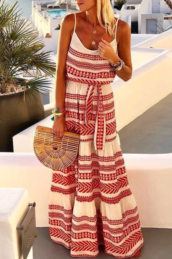 Womens Retro Bohemia Geometric Print V Neck Sling Dress-Allyzone-Allyzone