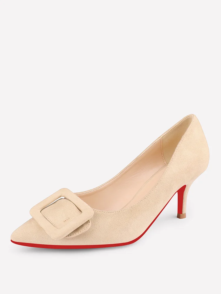 60mm Women's Pointed Toe Daily Square Buckle Suede Pumps Kitten Heels Red Bottoms Pumps 