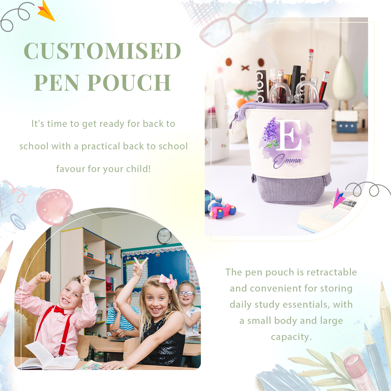 Astuccio per matite personalizzato con 1 nome e 1 lettera e 1 fiore di nascita regalo per scuola elementare bambini