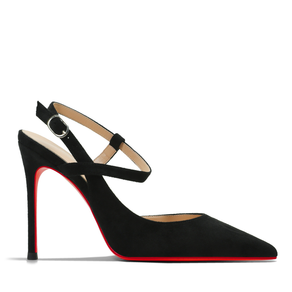 100mm Women Slingback Pumps Ankle Strap Jenlove Stiletto Mid Heel Close Pointed Toe Dress Red Bottoms Suede Shoes-MERUMOTE