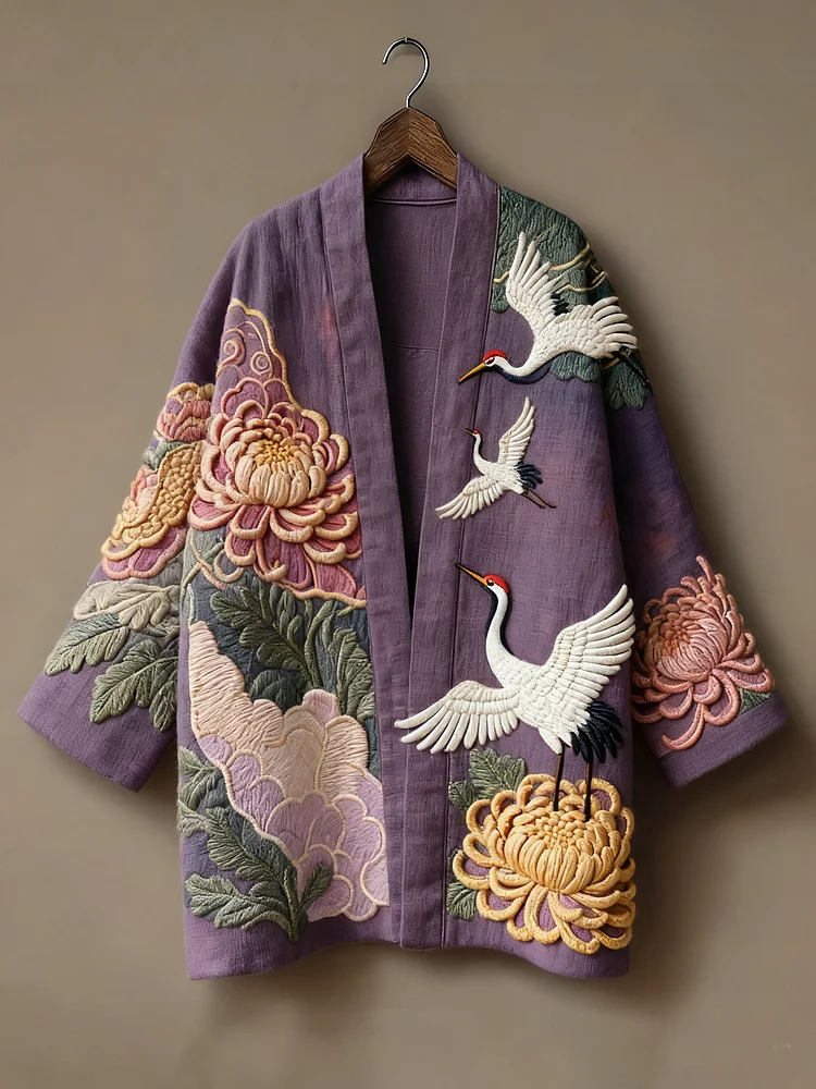 Oriental art landscape painting three-dimensional embroidery linen kimono cardigan