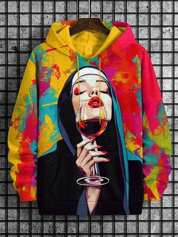 Men's Nun Drinks Red Wine Art Print Hooded Sweatshirt