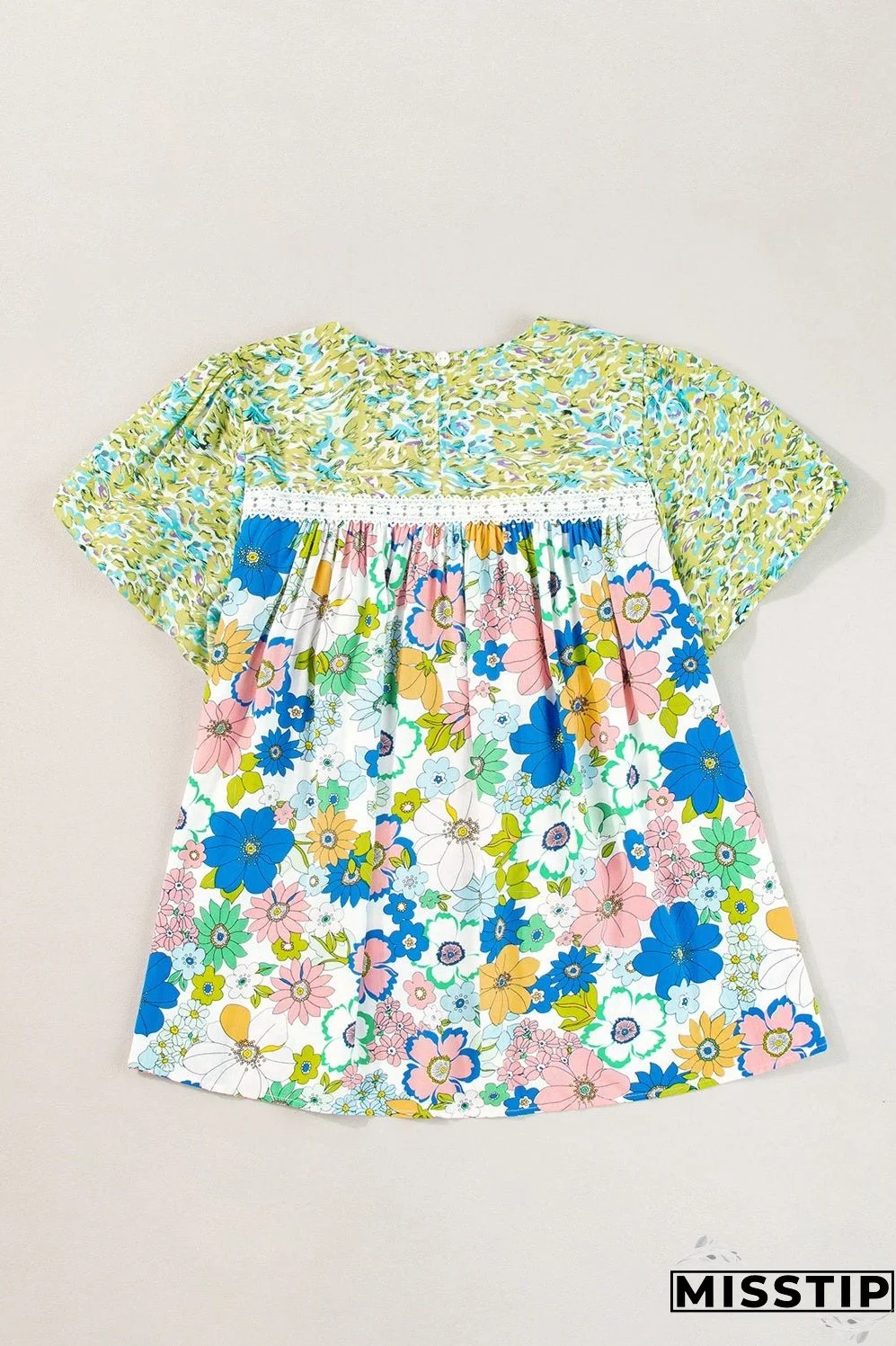 Printed Round Neck Puff Sleeve Blouse