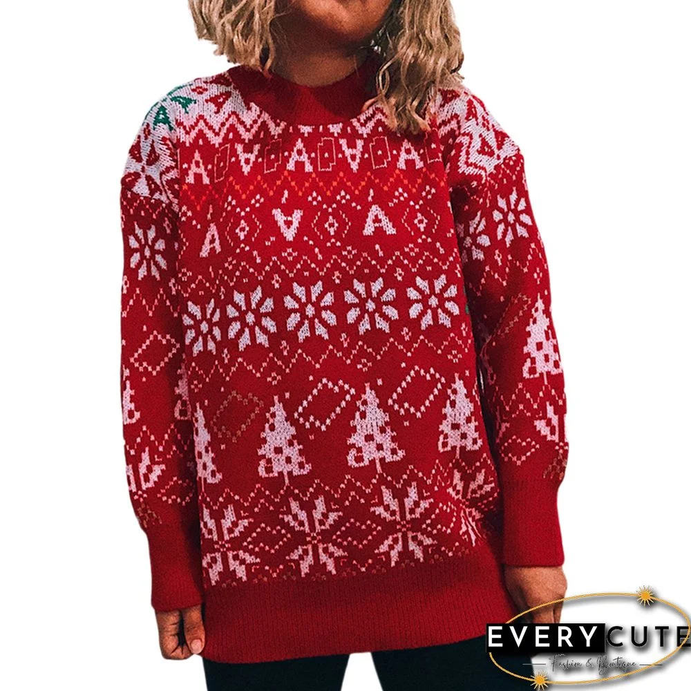 Red Round Neck Vintage Snowflake Christmas Sweater