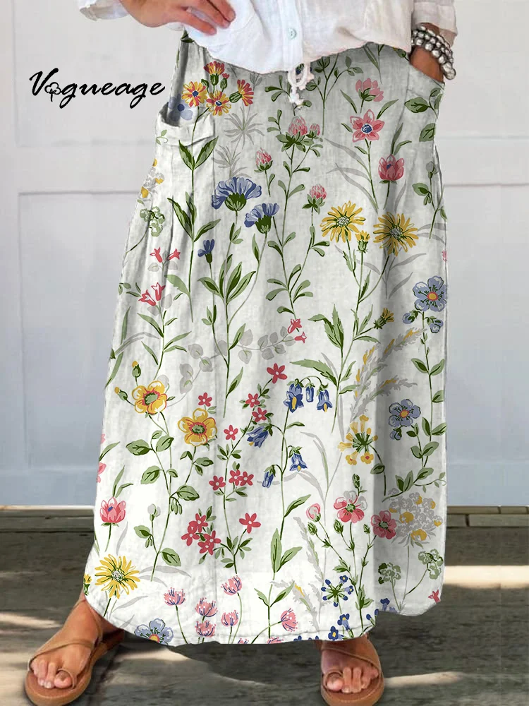 Age-Reducing Bright Colorful Small Florals Printed Women's Casual Cotton And Linen Skirt