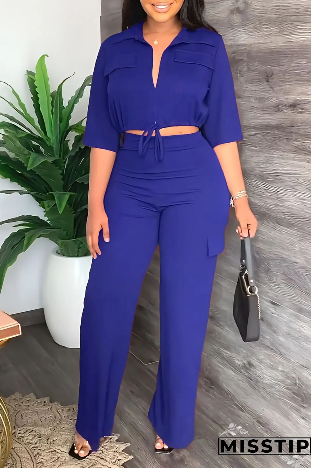 Blue Casual Solid Bandage Patchwork Turndown Collar Half Sleeve Two Pieces