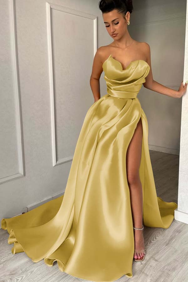 Ovlias Glamorous Gold Strapless Sweetheart Prom Dress with Split  ZT0512