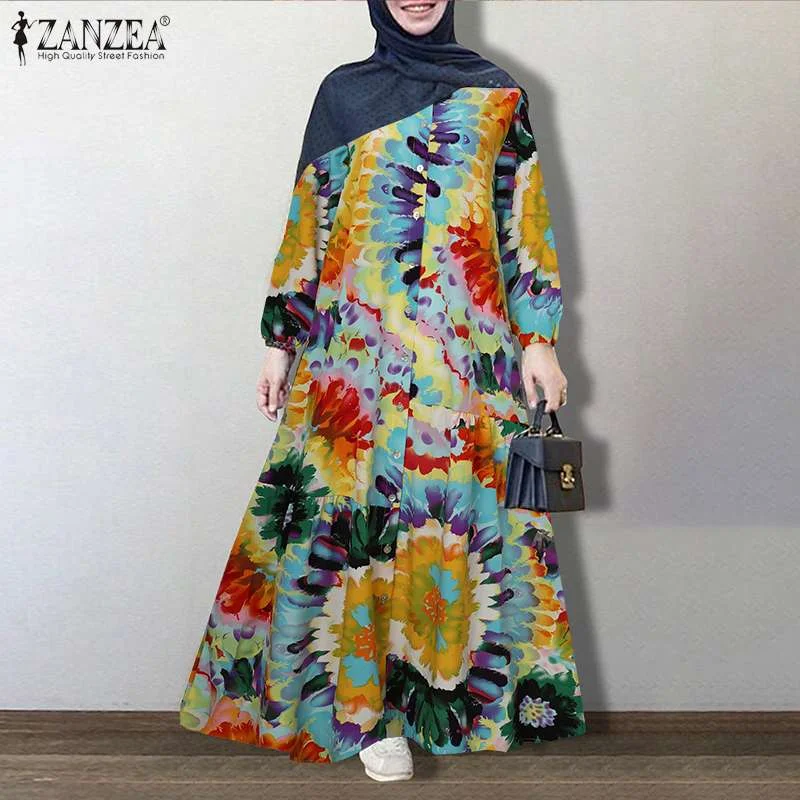 ZANZEA Vintage Printed Sundress Retro Women Dubai Abaya Turkey Hijab Dress Autumn Long Sleeve Kaftan Loose Maxi Long Vestido 7